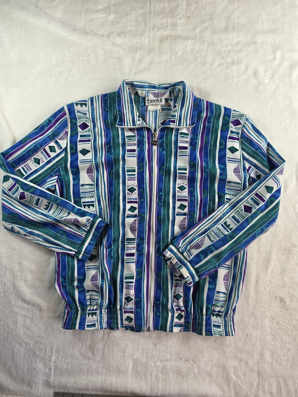 Vintage Teddi Womens M Geometric Full Zip Windbreaker Jacket 90s Retro Colorful